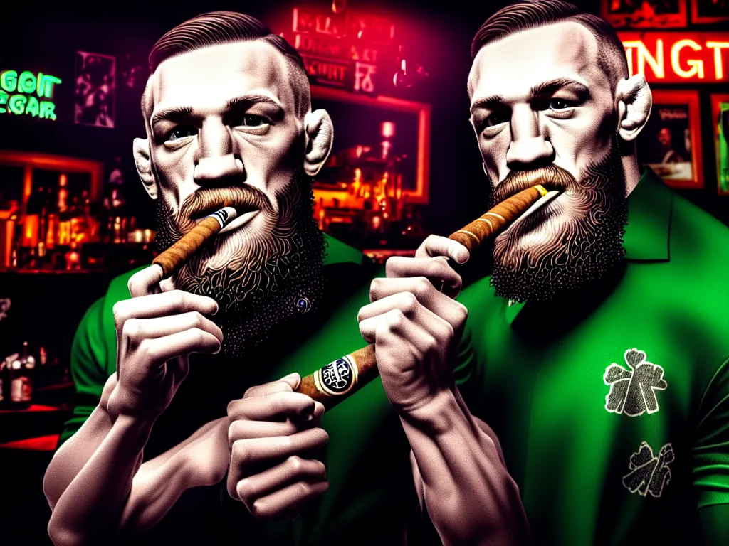 Image similar to a intricately detailed portrait of conor mcgregor smoking a cigar in an irish pub with a neon bar, trending on art station, in the style of the movie heat, volumetric lighting & shadows, hyper detailed, digital art, unreal engine, 4 0 0 mm f 1. 8,