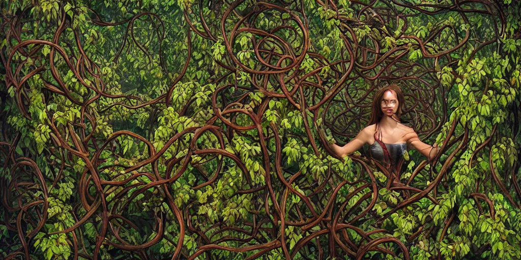 Image similar to a person trapped in extremely thick vines intertwined, central composition, high saturation, epic lighting, in the style of Peter gric and Hannah yata 8k