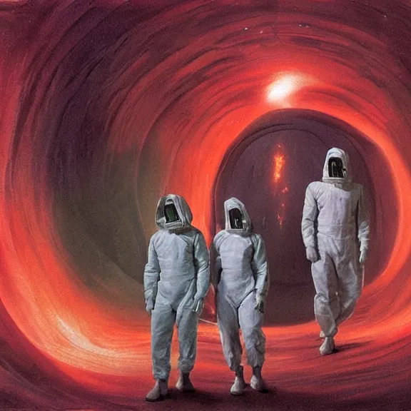 Prompt: two scientists wearing red rick owens hazmat suits in a glowing nebula wormhole tunnel by frank frazetta