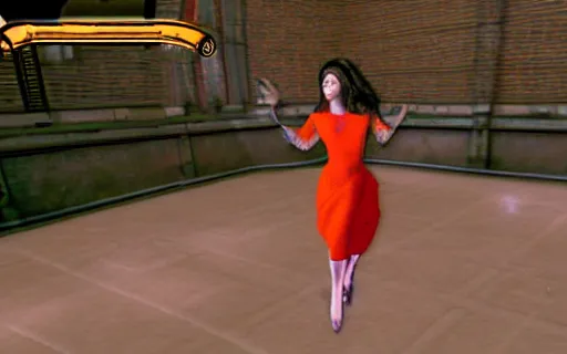 Image similar to Kate Bush in an ornate dress in Tony Hawk's Pro Skater 3, gameplay screenshot