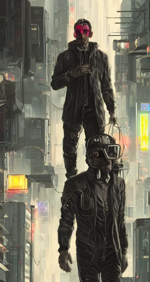 Image similar to concept art portrait of male cyberpunk walking through futuristic town