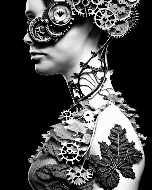 Image similar to masterpiece profile portrait painting, dutch masters, black and white, silver lace floral steampunk biomechanical beautiful one techno eye young female cyborg, big monocular, volumetric light, leaves foliage and stems, hibiscus flowers, by cecile beaton, rim light, big gothic fashion pearl embroidered collar, 8 k