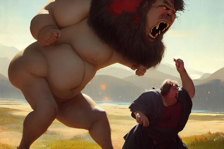 Image similar to a dynamic painting of a medieval sorcerer fighting a gigantic white fat monster, obese monstrosity fight by ilya kuvshinov and jeremy lipking and quentin mabille, realism, ultra detailed, 8 k resolution