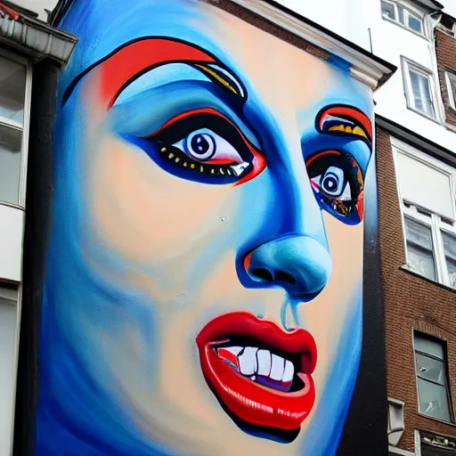 Image similar to gorbachev drag queen painting on building detailed