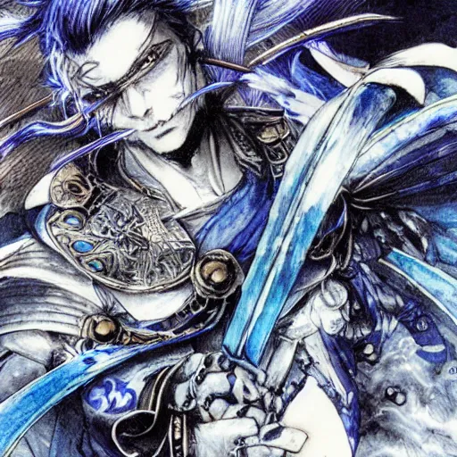 Image similar to a handsome magic swordsman with blue skin glides through a beautiful battlefield magic the gathering dramatic esoteric pen and ink illustrated in high detail by Yoshitaka Amano