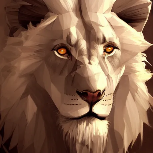 Prompt: aesthetic portrait commission of a albino male furry anthro low - poly lion, character design by charlie bowater, ross tran, artgerm, and makoto shinkai, detailed, inked, western comic book art, 2 0 2 1 award winning painting