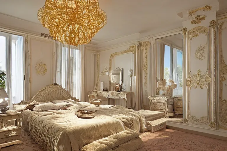 Image similar to A sunny bedroom, exquisite decoration, all Modernized furniture, high tech