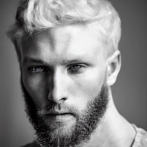 Image similar to color portrait of a handsome bearded albino male model by emmanuel lubezki