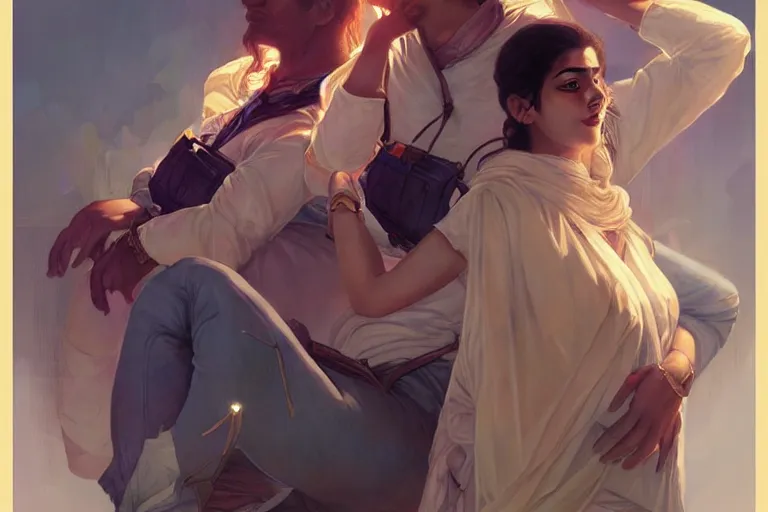 Image similar to Sensual good looking pale young Indian doctors wearing jeans partying in a space station above Earth performing surgery, portrait, elegant, intricate, digital painting, artstation, concept art, smooth, sharp focus, illustration, art by artgerm and greg rutkowski and alphonse mucha