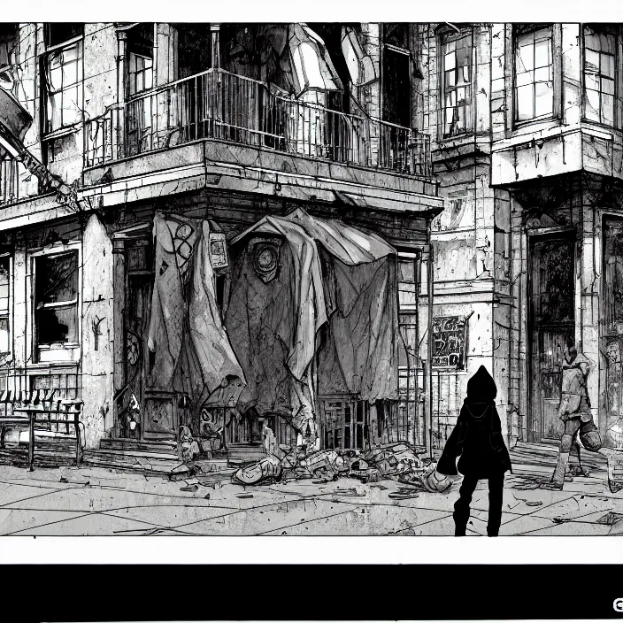 Image similar to storyboard panel : sadie sink in hoodie sits on bench in ruined square, pedestrians walk by, steampunk tenement windows in background. scifi cyberpunk. by gabriel hardman. cinematic atmosphere, detailed and intricate, perfect anatomy