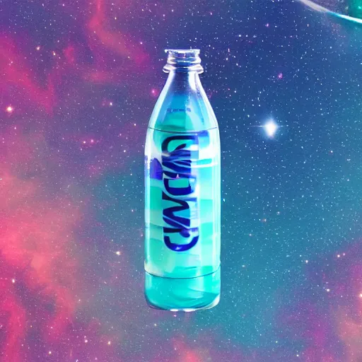 Image similar to a fiji water filled with space with a vaporwave background