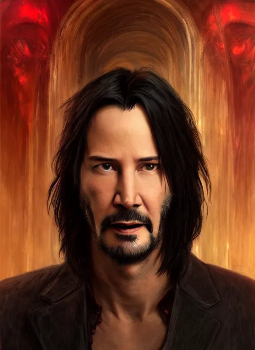 Image similar to Keanu Reeves, red glowing eyes, silver long hair, male, fantasy, extremely detailed, digital painting, artstation, concept art, smooth, sharp focus, illustration, stunning lighting, art by artgerm and greg rutkowski and alphonse mucha and simon stalenhag, realistic character concept, high fantasy, dark atmosphere, golden ratio, cinematic lighting, hyperdetailed, high resolution, insanely detailed and intricate, artstation, Marc Simonetti, Greg Rutkowski, 8k