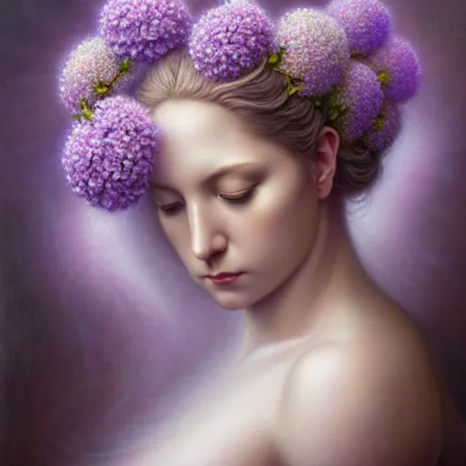 Prompt: a lilac hair beautiful goddess of light, hydrangeas flowers, soft rose, and dried petals, painterly, methaphoric and ornamental, intricate and elegant, highly detailed photorealistic painting, decorative lines, sharp focus, 8 k, by tomasz alen kopera, h 7 2 4