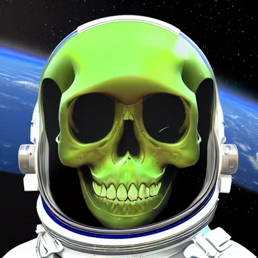 Prompt: green skull, anatomical in an astronaut suit, floating in space 3 d