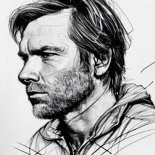 Prompt: a realistic yet scraggly portrait sketch of the side profile of a stern and sophisticated ewan mcgregor, trending on artstation, intricate details, in the style of frank auerbach, in the style of sergio aragones, in the style of martin ansin, in the style of david aja, in the style of mattias adolfsson