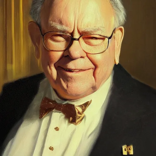 Image similar to detailed realistic cinematic wide shot of beautiful attractive young warren buffet hybrid bear tech man wearing gold suit robe slim face symettrical face clean skin black eyes black robe smooth, sharp focus, ultra realistic, spring light, painting by gaston bussiere, craig mullins, j. c. leyendecker