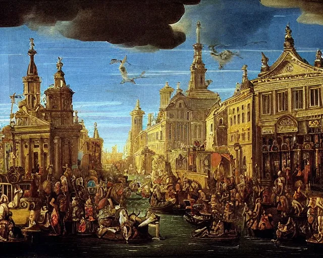 Image similar to baroque dutch painting from 1 6 7 0 of a cyberpunk city nightlife