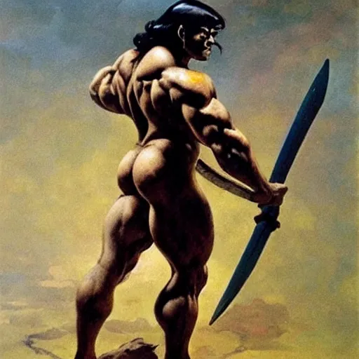 Image similar to by Frank Frazetta style, barbarian with extraordinary muscle structure with long sword, wide view, well-defined anatomy, high quality details, deep depth of field, denoise