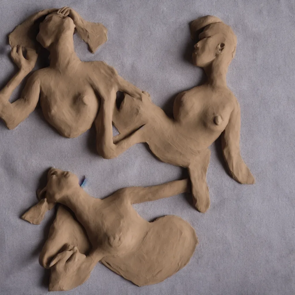 Image similar to woman made of clay on a bed