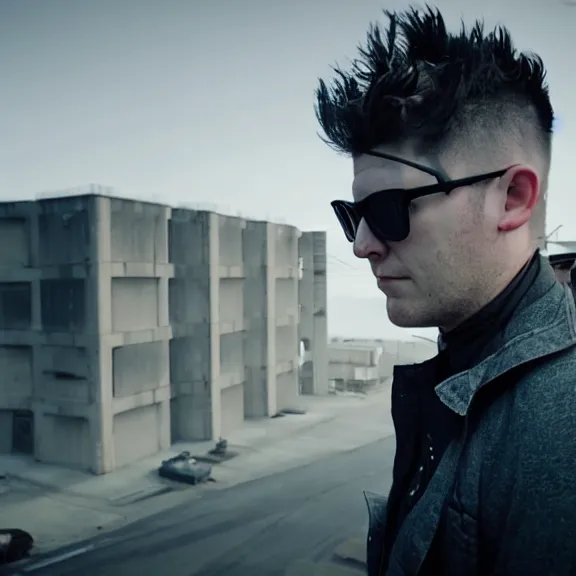 Prompt: hyperrealistic dustin bates from starset in an epic cinematic shot, standing in the streets of a distopian future city made of brutalist architecture, extreme detail