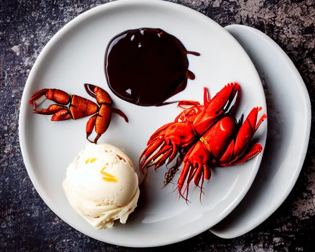 Prompt: dslr food photograph of a plate of lots of vanilla ice cream and a crawfish, some chocolate sauce, 8 5 mm f 1. 4