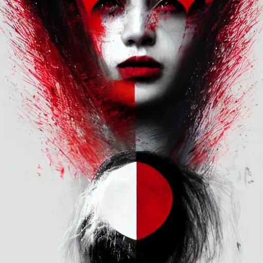 Image similar to masterpiece dynamic portrait of an aesthetic beautiful realistic black haired woman protesting, 3 0 years old woman, mid long hair, black eyed, red peace and love symbol on the cheek, digital painting by wlop, atmospheric red effects, sparkles, artstation, deviantart, large view, motion blur, black background
