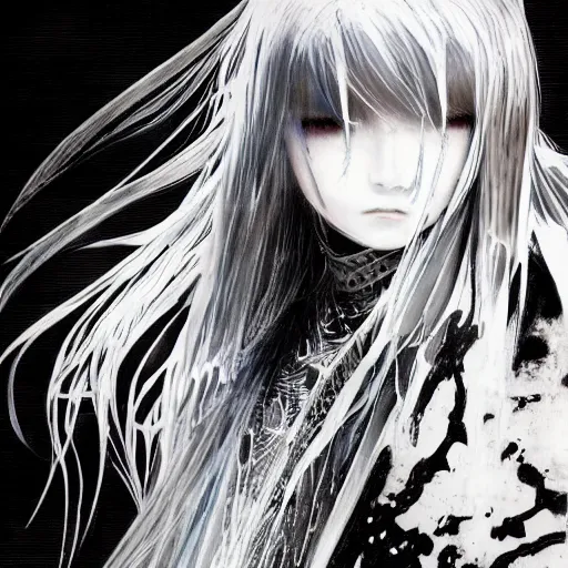 Image similar to Yoshitaka Amano blurred and dreamy illustration of an anime girl with black eyes, wavy white hair and cracks on her face wearing elden ring armour with the cape fluttering in the wind, abstract black and white patterns on the background, noisy film grain effect, highly detailed, Renaissance oil painting, weird portrait angle