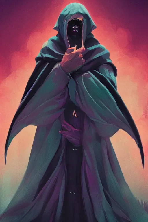 Image similar to worshipper of the dark arts here for the madness, donned in an ebony cloak, digital painting, artstation, ristan Eaton, victo ngai, artgerm, RHADS, ross draws, anime styled