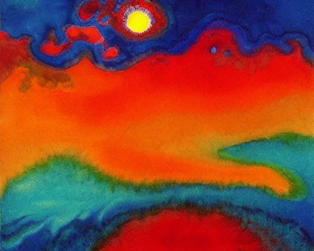 Image similar to Ocean waves in a psychedelic dream world. DMT. Curving rivers. Emil Nolde. Zao Wou-ki. Minimalist.