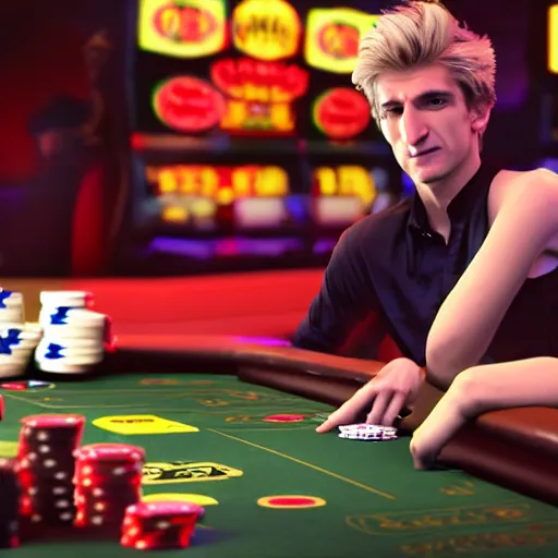 Image similar to film still of xqc gambling in Vegas, 4k, photorealism, artstation style