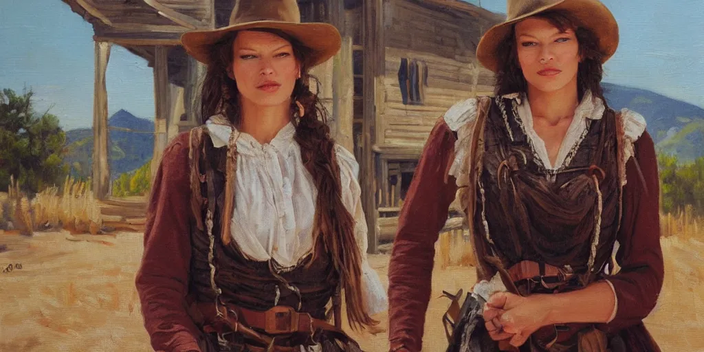 Prompt: oil painting portrait of beautiful Mila Jovovich as a frontier woman in a busy old west main street