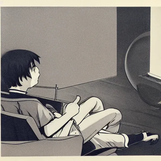 Prompt: Ascanio Adriani and Harrison Schmidt, anime, watching tv, 1965