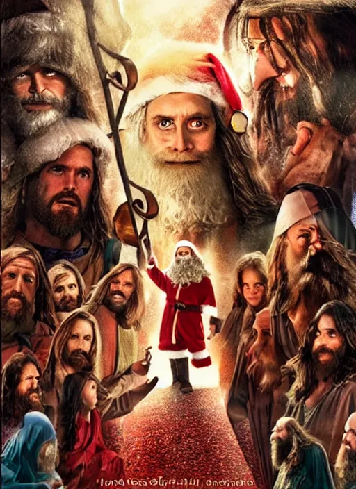 Image similar to Santa vs Jesus: Resurrection 2, epic movie poster, showing at a movie theatre near you, 80s hand painted, intricate, high detail, with text, high rated reviews
