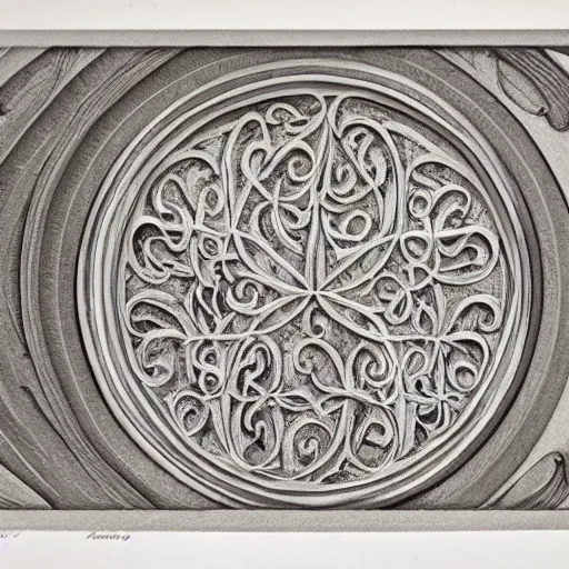 Prompt: an scrollwork engraving by sam alfano and russ abbott