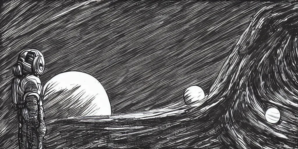 Image similar to ink lineart drawing of a planet, looming over an astronaut's shoulder, wide angle, space background, artstation, etchings by goya, chinese brush pen, illustration, high contrast, deep black tones contour