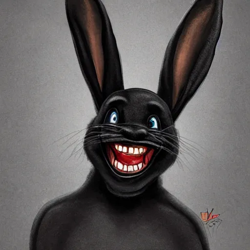 Image similar to A extremely highly detailed majestic hi-res beautiful, highly detailed head and shoulders portrait of a scary terrifying, horrifying, creepy black cartoon rabbit with scary big eyes, earing a shirt laughing maniacally , let's be friends, in the style of Walt Disney