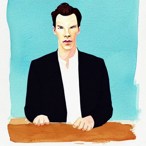 Prompt: a water color character portrait of benedict cumberbatch, society 6, by wes anderson