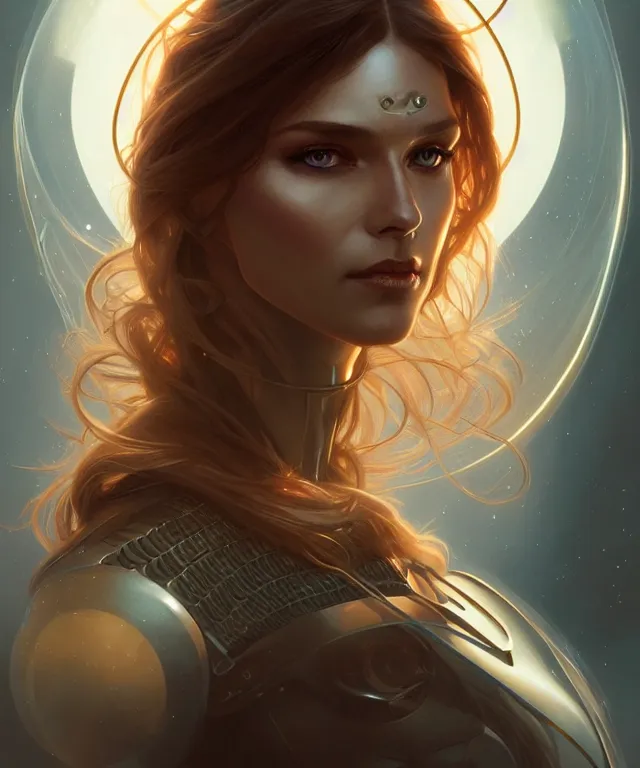 Image similar to futuristic woman portrait, sci-fi, amber eyes, face, long hair, fantasy, intricate, elegant, highly detailed, digital painting, artstation, concept art, smooth, sharp focus, illustration, art by artgerm and greg rutkowski and alphonse mucha