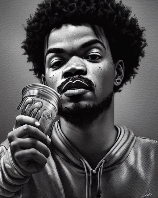 Prompt: chance the rapper holding cup of codeine, accurate details, detailed face, holy liquid in cup glowing, fantasy, dramatic, intricate, elegant, highly detailed, digital painting, artstation, concept art, smooth, sharp focus, illustration, art by Gustave Dore, octane render