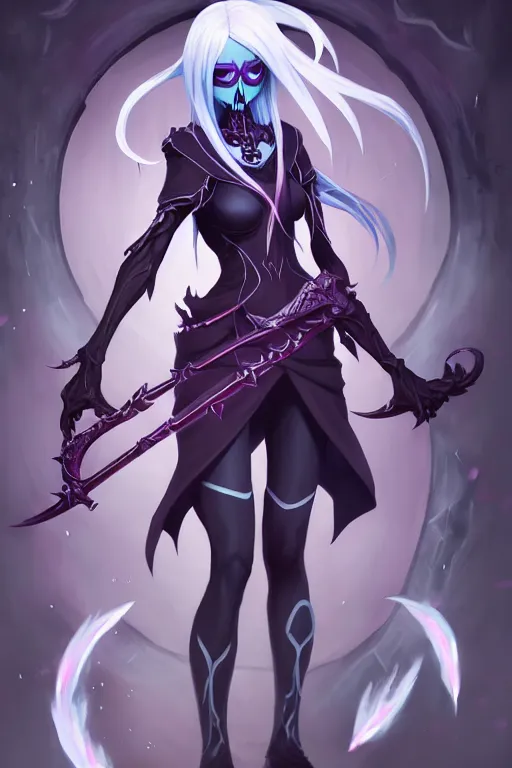 Image similar to Full body character concept art of an anime female Drow necromancer, skull scythe, pretty face, long dark hair, by Stanley Artgerm Lau, WLOP, Rossdraws, James Jean, Andrei Riabovitchev, Marc Simonetti, and Sakimichan, tranding on artstation