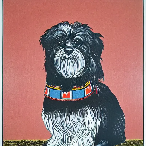 Image similar to tlingit haida lithograph, portrait of havanese dog, simplified forms, multiple colors, print by tristan - wolf reg davidson clifton guthrie maynard johnny jr.