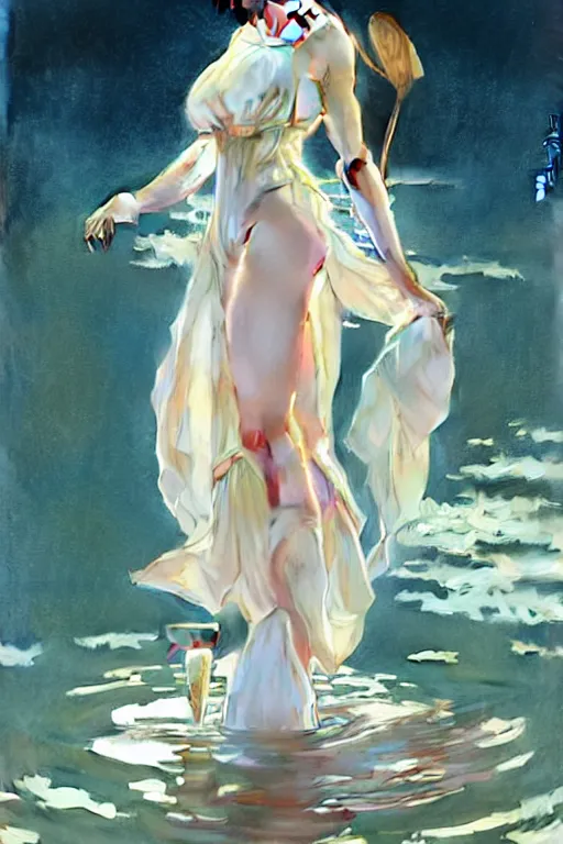 Image similar to a beautiful ayanami rei wearing a dress emerging from the water, oil on canvas, sensuality, artstation, by j. c. leyendecker and edmund blair leighton and charlie bowater, instagram photo