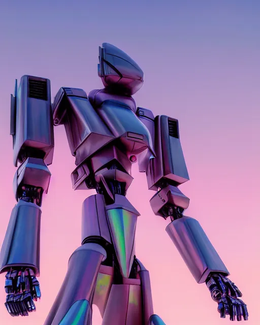 Image similar to hyperrealistic 3d render mecha iridescent pink cloudy landscape background concept art vray ute osterwald de chirico sharp cinematic very moody light 8k low angle shallow depth of field