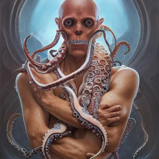 Image similar to portrait painting of octoman, half man, half octopus, ultra realistic, concept art, intricate details, extremely detailed, photorealistic, octane render, 8 k, unreal engine. art by artgerm and greg rutkowski and alphonse mucha