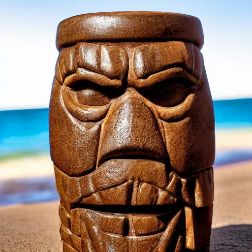 Image similar to a closeup photorealistic photograph of ben grimm's face on a tiki mug at trader vic's beach bar. fantastic four. tiki culture. bright scene. fine detail. this 4 k hd image is trending on artstation, featured on behance, well - rendered, extra crisp, features intricate detail, epic composition and the style of unreal engine.