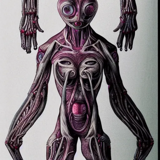 Prompt: a human animal hybrid, alien cyborg, body horror, morphing