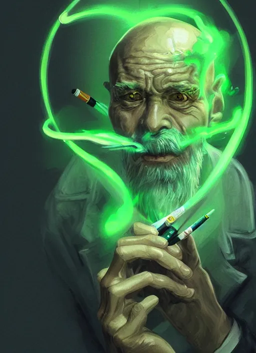 Image similar to a highly detailed illustration of bald old man smoking with green glowing eyes, dramatic cigarette in mouth pose, nuclear background, intricate, elegant, highly detailed, centered, digital painting, artstation, concept art, smooth, sharp focus, league of legends concept art, wlop.