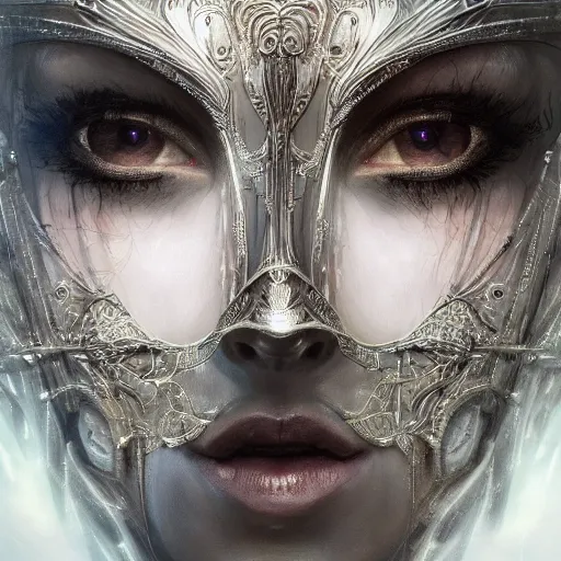 Image similar to Very very very very highly detailed epic photo of face with venetian mask, intricate, dystopian, sci-fi, extremely detailed, digital painting, artstation, concept art, smooth, sharp focus, illustration, intimidating lighting, incredible art by Tokujin Yoshioka and Artgerm and Anton Pieck