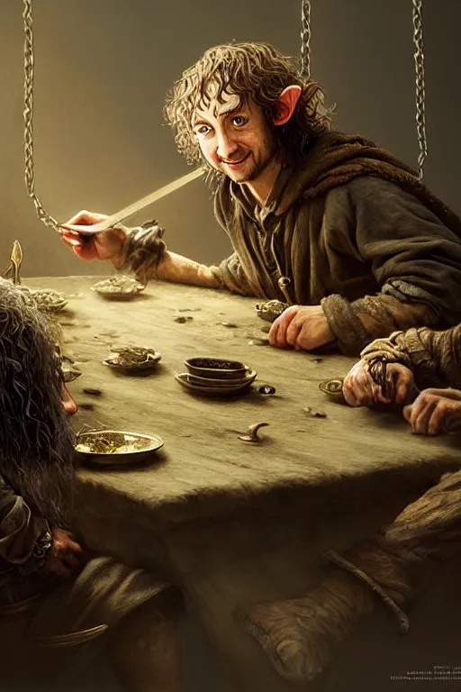 Image similar to dirty faced and very happy hobbit looking the table full of fook, fantasy, intricate, elegant, highly detailed, digital painting, artstation, concept art, addiction, chains, smooth, sharp focus, illustration, art by Ilja Repin