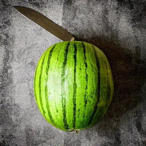 Prompt: half man half melon, killer, knife, dark and moody